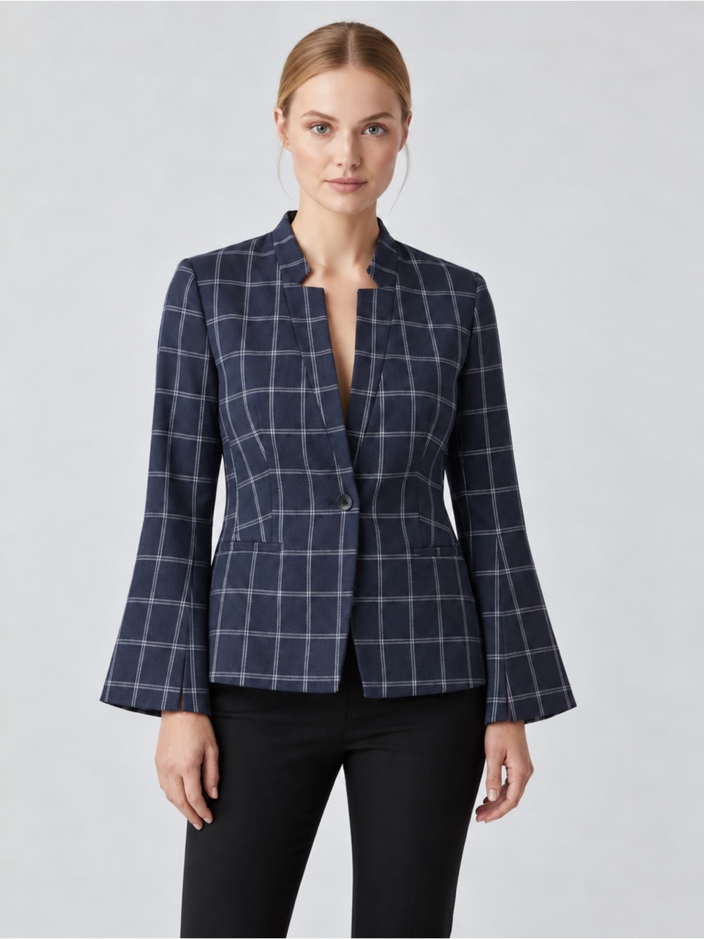 Banana Republic Navy Windowpane Split Flare Sleeve Blazer Size 8 Tall